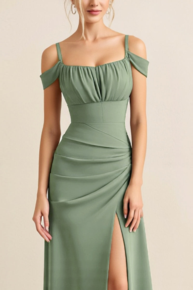 Load image into Gallery viewer, Eucalyptus Sheath Satin Ruched Long Bridesmaid Dress with Slit