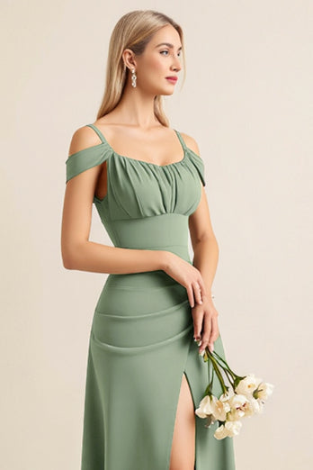 Eucalyptus Sheath Satin Ruched Long Bridesmaid Dress with Slit