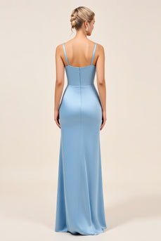 Dusty Blue Sheath Satin Ruched Long Bridesmaid Dress with Slit