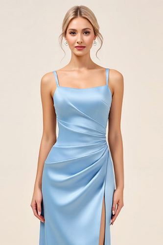 Dusty Blue Sheath Satin Ruched Long Bridesmaid Dress with Slit