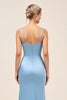 Load image into Gallery viewer, Dusty Blue Sheath Satin Ruched Long Bridesmaid Dress with Slit