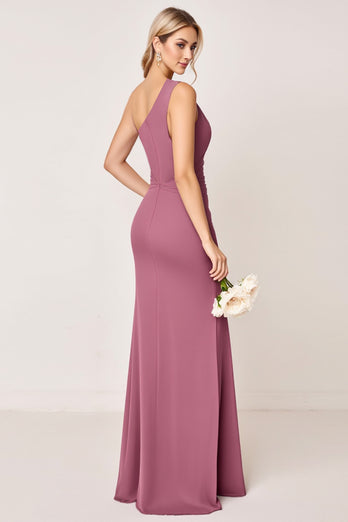 One Shoulder Vintage Mauve Sheath Satin Long Bridesmaid Dress