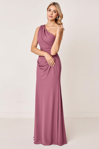 One Shoulder Vintage Mauve Sheath Satin Long Bridesmaid Dress