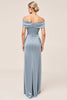 Load image into Gallery viewer, Satin Dusty Blue Off the Shoulder Long Bridesmaid Dress with Slit