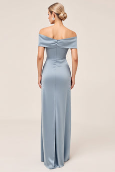 Satin Dusty Blue Off the Shoulder Long Bridesmaid Dress with Slit