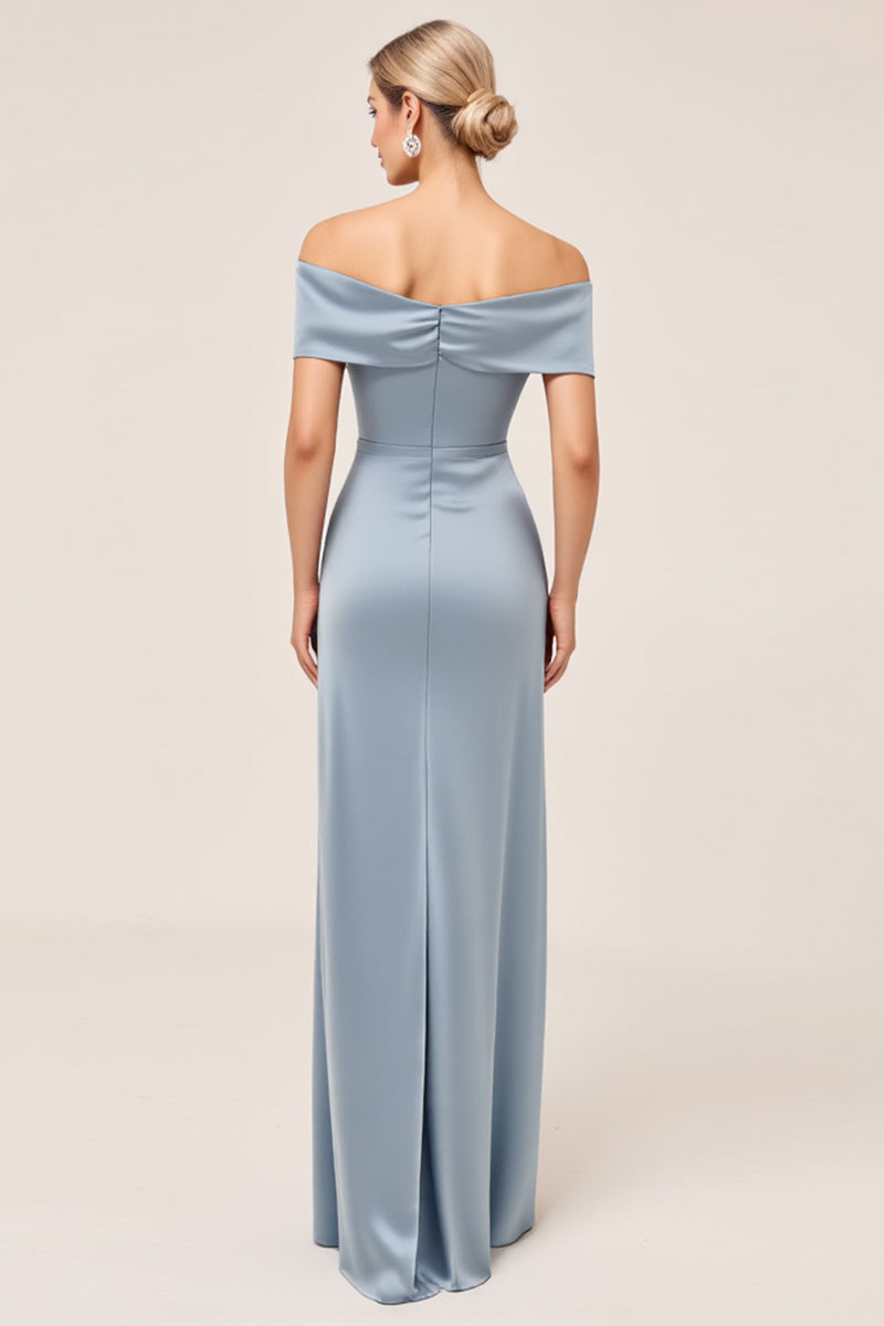 Load image into Gallery viewer, Satin Dusty Blue Off the Shoulder Long Bridesmaid Dress with Slit