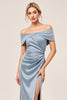 Load image into Gallery viewer, Satin Dusty Blue Off the Shoulder Long Bridesmaid Dress with Slit