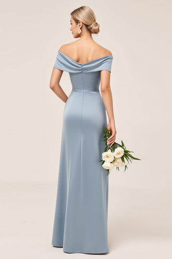 Satin Dusty Blue Off the Shoulder Long Bridesmaid Dress with Slit