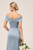 Load image into Gallery viewer, Satin Dusty Blue Off the Shoulder Long Bridesmaid Dress with Slit