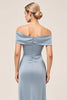 Load image into Gallery viewer, Satin Dusty Blue Off the Shoulder Long Bridesmaid Dress with Slit