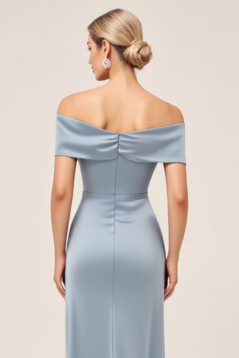 Satin Dusty Blue Off the Shoulder Long Bridesmaid Dress with Slit