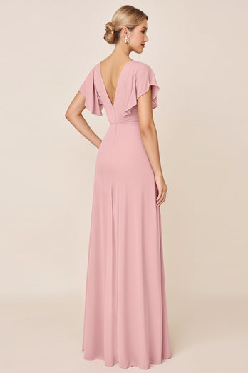 Candy Pink Sheath Satin V-Neck Long Bridesmaid Dress with Slit