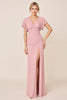 Load image into Gallery viewer, Candy Pink Sheath Satin V-Neck Long Bridesmaid Dress with Slit