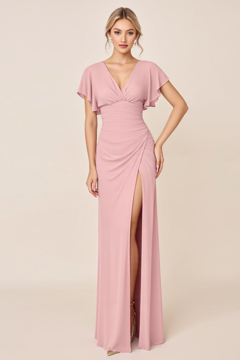 Load image into Gallery viewer, Candy Pink Sheath Satin V-Neck Long Bridesmaid Dress with Slit