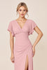 Load image into Gallery viewer, Candy Pink Sheath Satin V-Neck Long Bridesmaid Dress with Slit