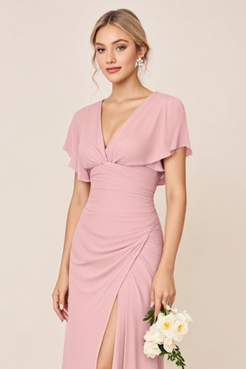 Candy Pink Sheath Satin V-Neck Long Bridesmaid Dress with Slit