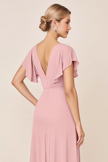 Candy Pink Sheath Satin V-Neck Long Bridesmaid Dress with Slit