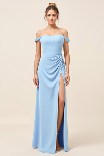 Sky Blue Satin Off the Shoulder Long Sheath Bridesmaid Dress with Slit