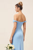 Load image into Gallery viewer, Sky Blue Satin Off the Shoulder Long Sheath Bridesmaid Dress with Slit