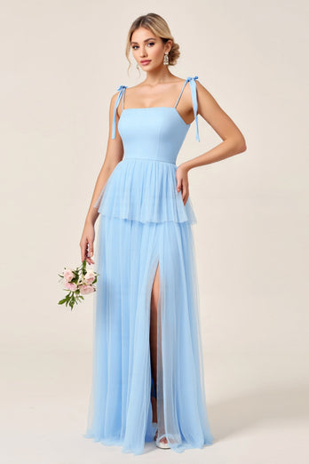 Sky Blue A Line Tulle Long Bridesmaid Dress with Slit