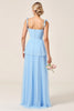 Load image into Gallery viewer, Sky Blue A Line Tulle Long Bridesmaid Dress with Slit