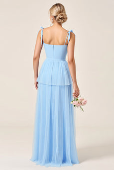 Sky Blue A Line Tulle Long Bridesmaid Dress with Slit