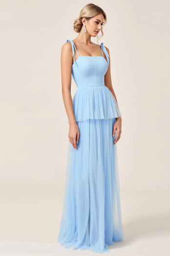 Sky Blue A Line Tulle Long Bridesmaid Dress with Slit