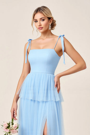 Sky Blue A Line Tulle Long Bridesmaid Dress with Slit