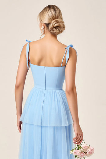 Sky Blue A Line Tulle Long Bridesmaid Dress with Slit