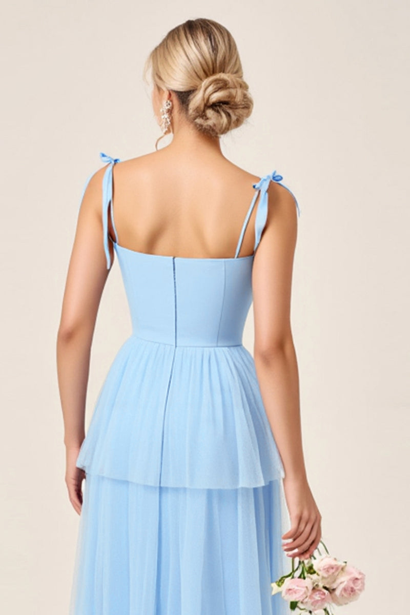 Load image into Gallery viewer, Sky Blue A Line Tulle Long Bridesmaid Dress with Slit