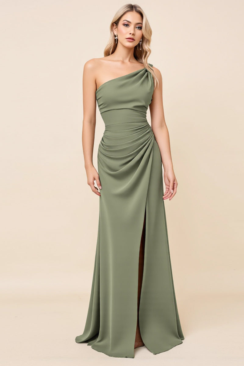 Load image into Gallery viewer, Eucalyptus Sheath One Shoulder Long Satin Bridesmaid Dress with Slit