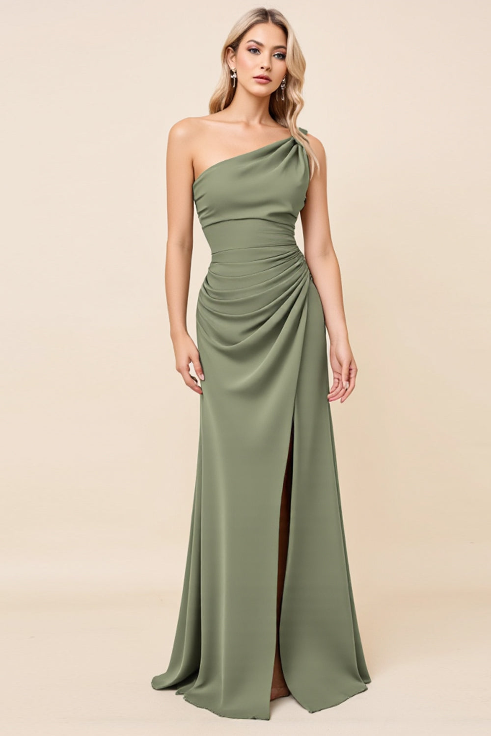 Eucalyptus Sheath One Shoulder Long Satin Bridesmaid Dress with Slit