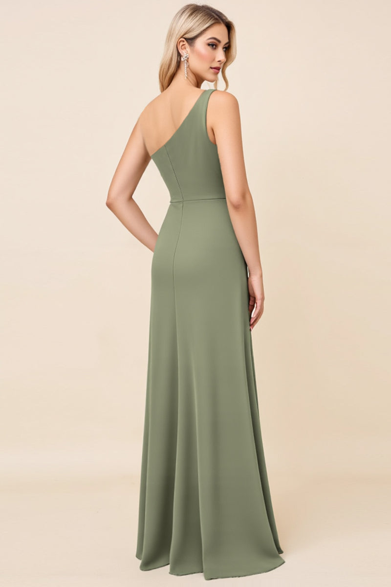 Load image into Gallery viewer, Eucalyptus Sheath One Shoulder Long Satin Bridesmaid Dress with Slit