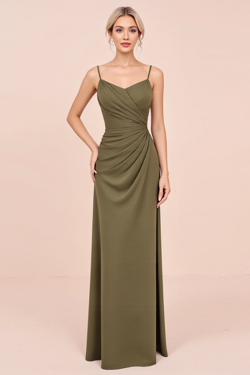 Load image into Gallery viewer, Olive Sheath Satin Backless Long Bridesmaid Dress