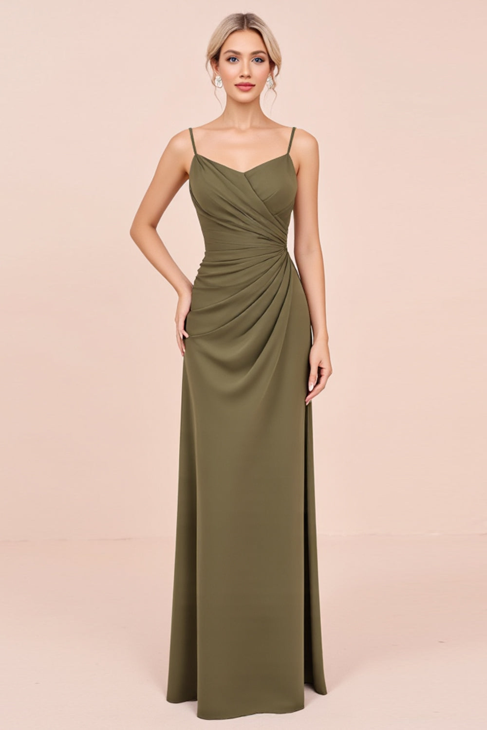 Olive Sheath Satin Backless Long Bridesmaid Dress