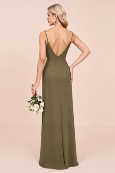 Olive Sheath Satin Backless Long Bridesmaid Dress