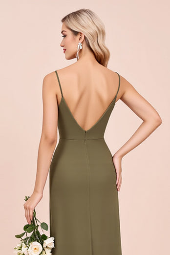 Olive Sheath Satin Backless Long Bridesmaid Dress