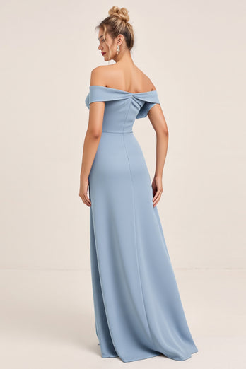 Dusty Blue Ruched Satin Off the Shoulder Long Bridesmaid Dress with Slit