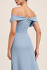 Load image into Gallery viewer, Dusty Blue Ruched Satin Off the Shoulder Long Bridesmaid Dress with Slit