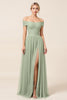 Load image into Gallery viewer, Tulle Matcha A Line Off the Shoulder Long Bridesmaid Dress with Slit