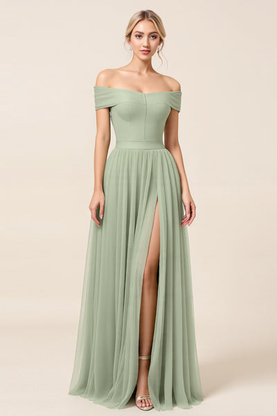 Tulle Matcha A Line Off the Shoulder Long Bridesmaid Dress with Slit