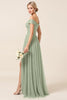 Load image into Gallery viewer, Tulle Matcha A Line Off the Shoulder Long Bridesmaid Dress with Slit