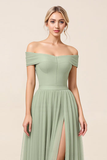 Tulle Matcha A Line Off the Shoulder Long Bridesmaid Dress with Slit