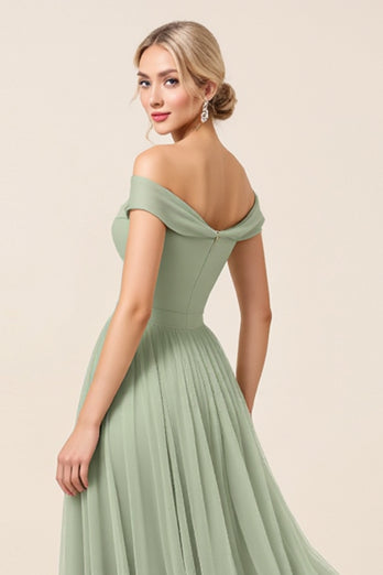 Tulle Matcha A Line Off the Shoulder Long Bridesmaid Dress with Slit