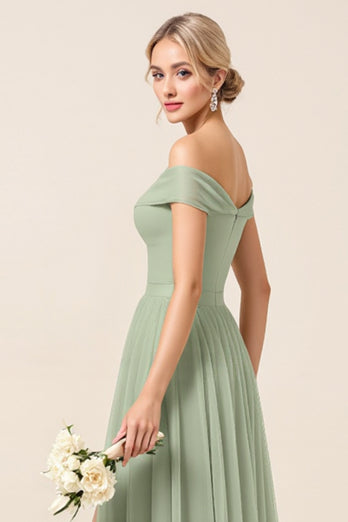 Tulle Matcha A Line Off the Shoulder Long Bridesmaid Dress with Slit