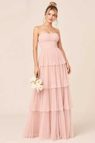 Tulle Candy Pink A Line Strapless Long Bridesmaid Dress