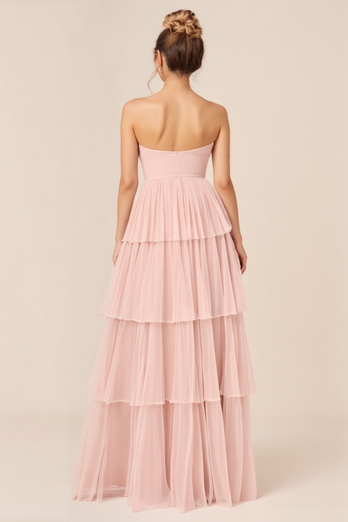 Tulle Candy Pink A Line Strapless Long Bridesmaid Dress