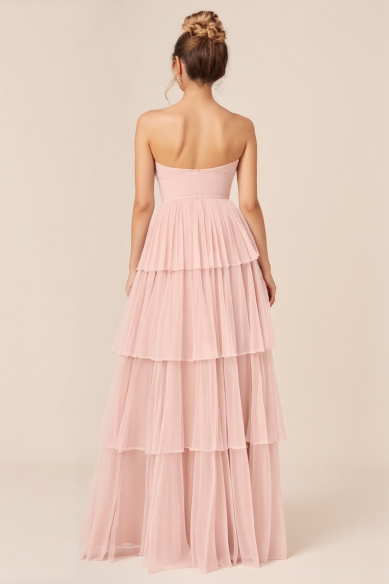 Load image into Gallery viewer, Tulle Candy Pink A Line Strapless Long Bridesmaid Dress