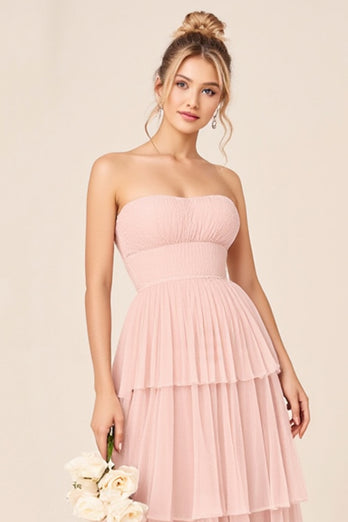 Tulle Candy Pink A Line Strapless Long Bridesmaid Dress