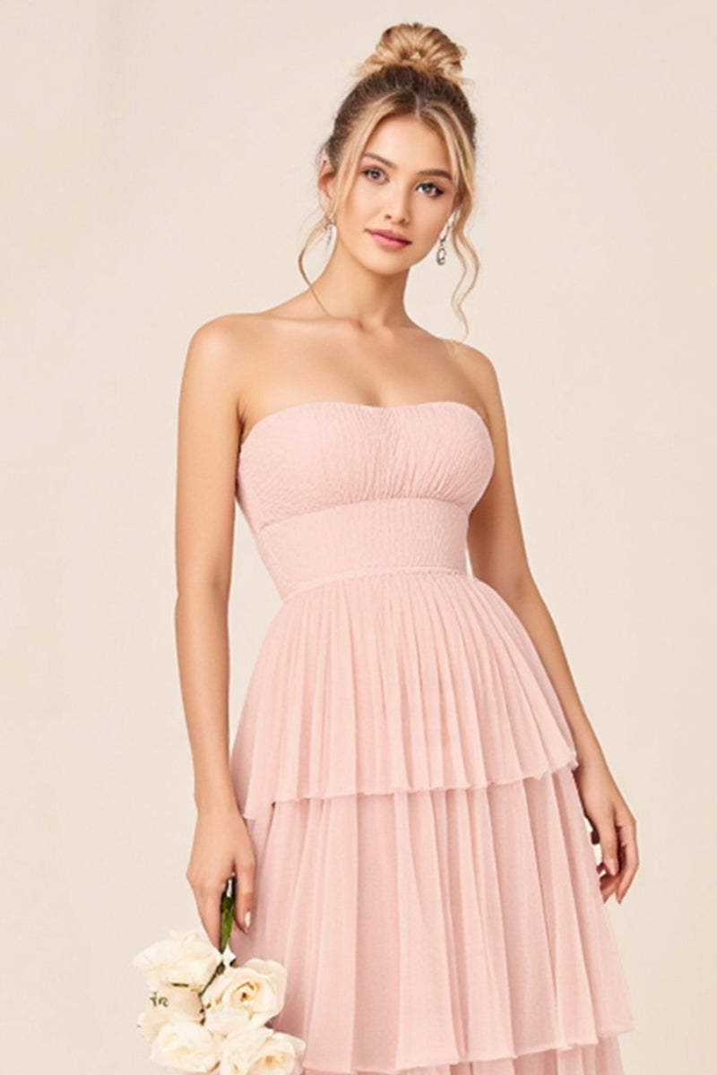 Load image into Gallery viewer, Tulle Candy Pink A Line Strapless Long Bridesmaid Dress